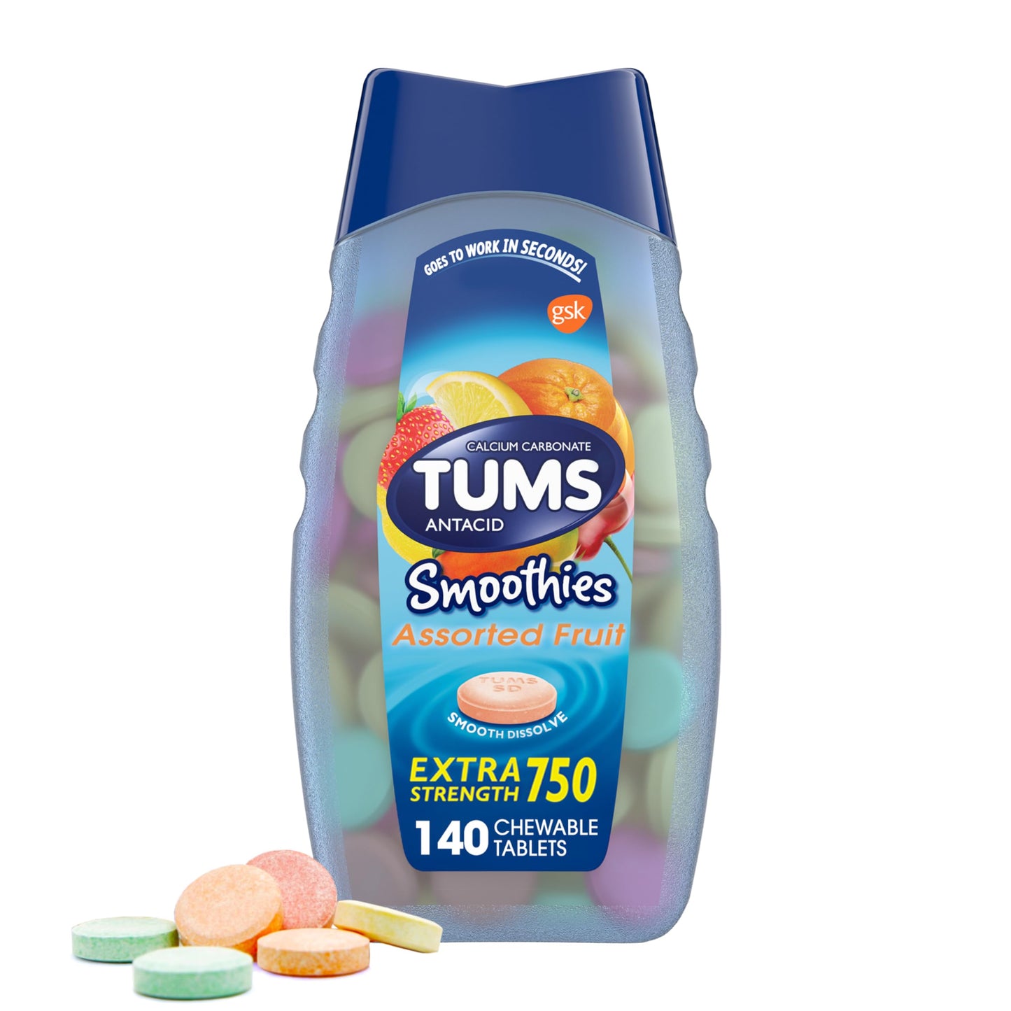 TUMS Smoothies Extra Strength Antacid Chewables – Fruit, 140 Count