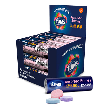 TUMS Ultra Strength Antacid Tablets – Fast Chewable Heartburn Relief, Assorted Berry, 12 Rolls