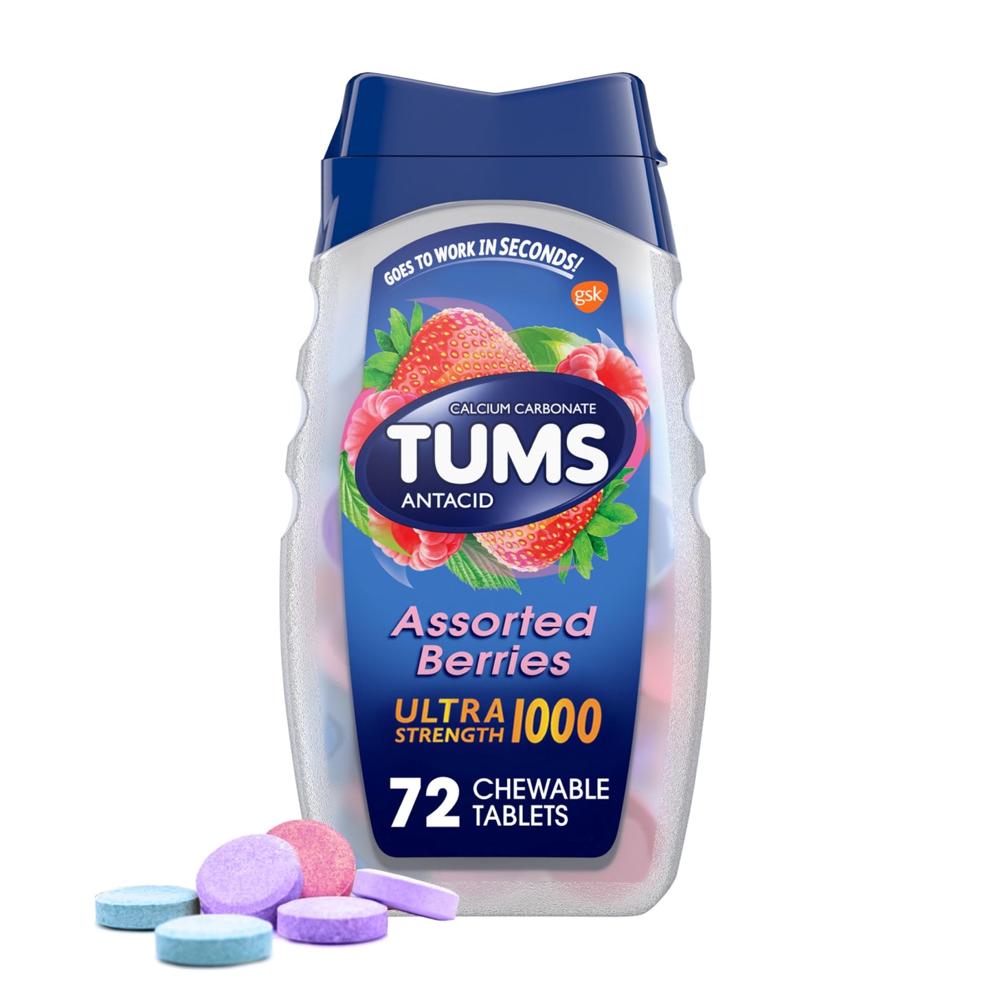 TUMS Ultra Strength Chewable Antacid Tablets for Fast Heartburn Relief - Assorted Berries, 72 Count