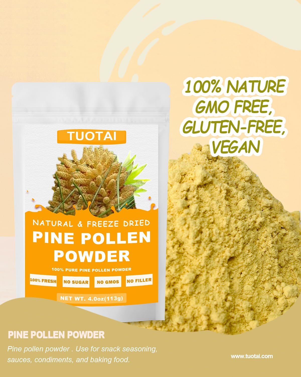 TUOTAI Premium Pine Pollen Powder – 100% Natural, No GMO, No Additives, Vegan