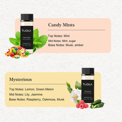 Tuqila Waterless Diffuser Oil Set (6x20mL) – Luxury Hotel Scents: My Way, Olene, Candy Mints, Mysterious, Bergamot, Oud Wood