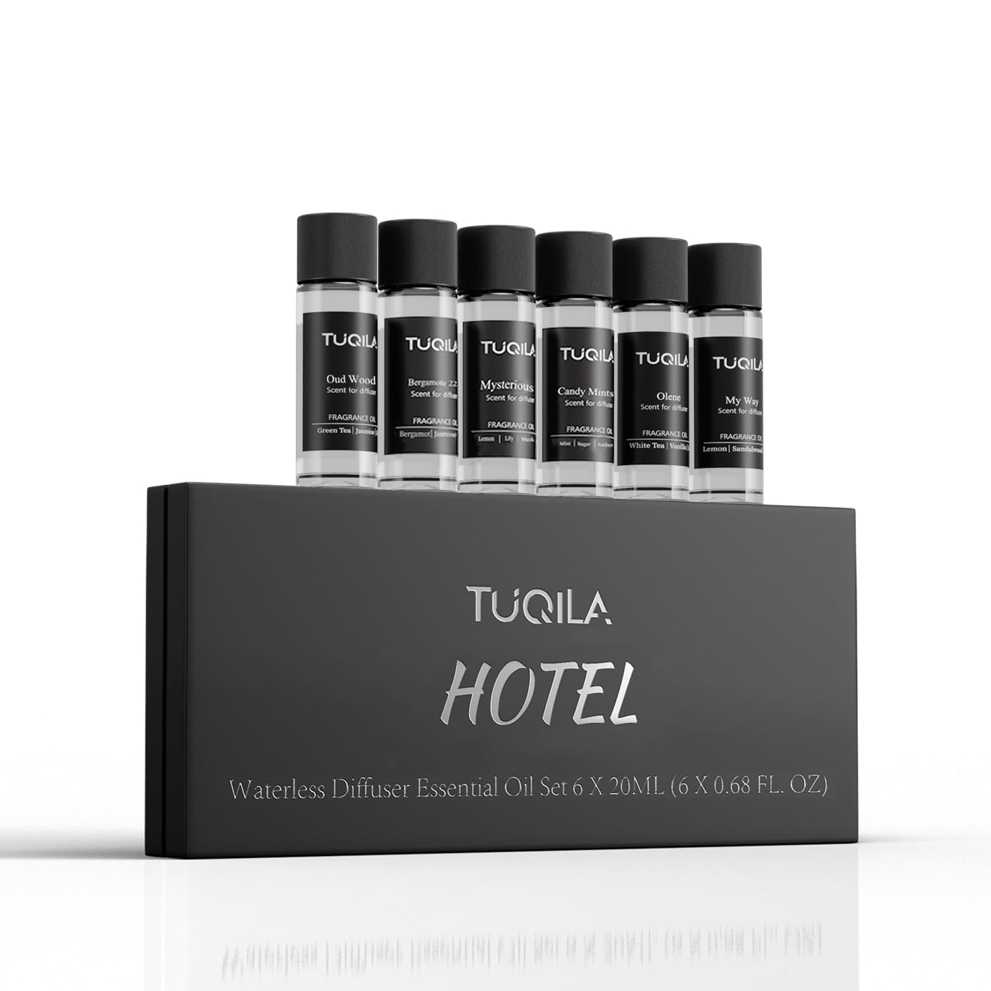 Tuqila Waterless Diffuser Oil Set (6x20mL) – Luxury Hotel Scents: My Way, Olene, Candy Mints, Mysterious, Bergamot, Oud Wood