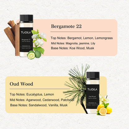 Tuqila Waterless Diffuser Oil Set (6x20mL) – Luxury Hotel Scents: My Way, Olene, Candy Mints, Mysterious, Bergamot, Oud Wood