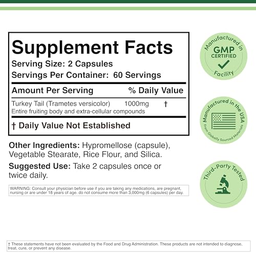 Turkey Tail Mushroom Supplement - 120 Capsules (2 Month Supply) | Double Wood