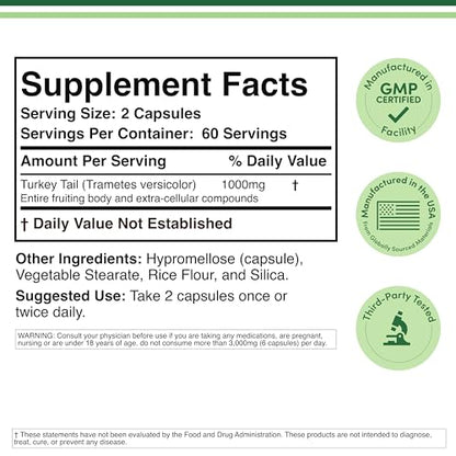 Turkey Tail Mushroom Supplement - 120 Capsules (2 Month Supply) | Double Wood