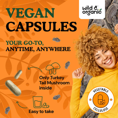 Wild & Organic Turkey Tail Mushroom Capsules 1000 mg – Immune Support (90 Count) | Vegan, Non-GMO