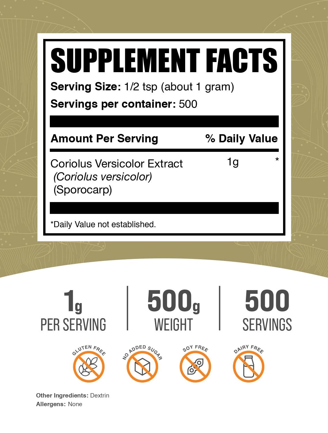 Turkey Tail Mushroom Extract Powder - Coriolus Versicolor | 1g/Serving, 500g | BulkSupplements