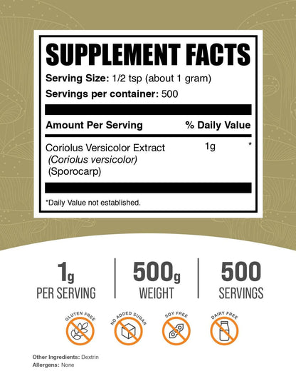 Turkey Tail Mushroom Extract Powder - Coriolus Versicolor | 1g/Serving, 500g | BulkSupplements