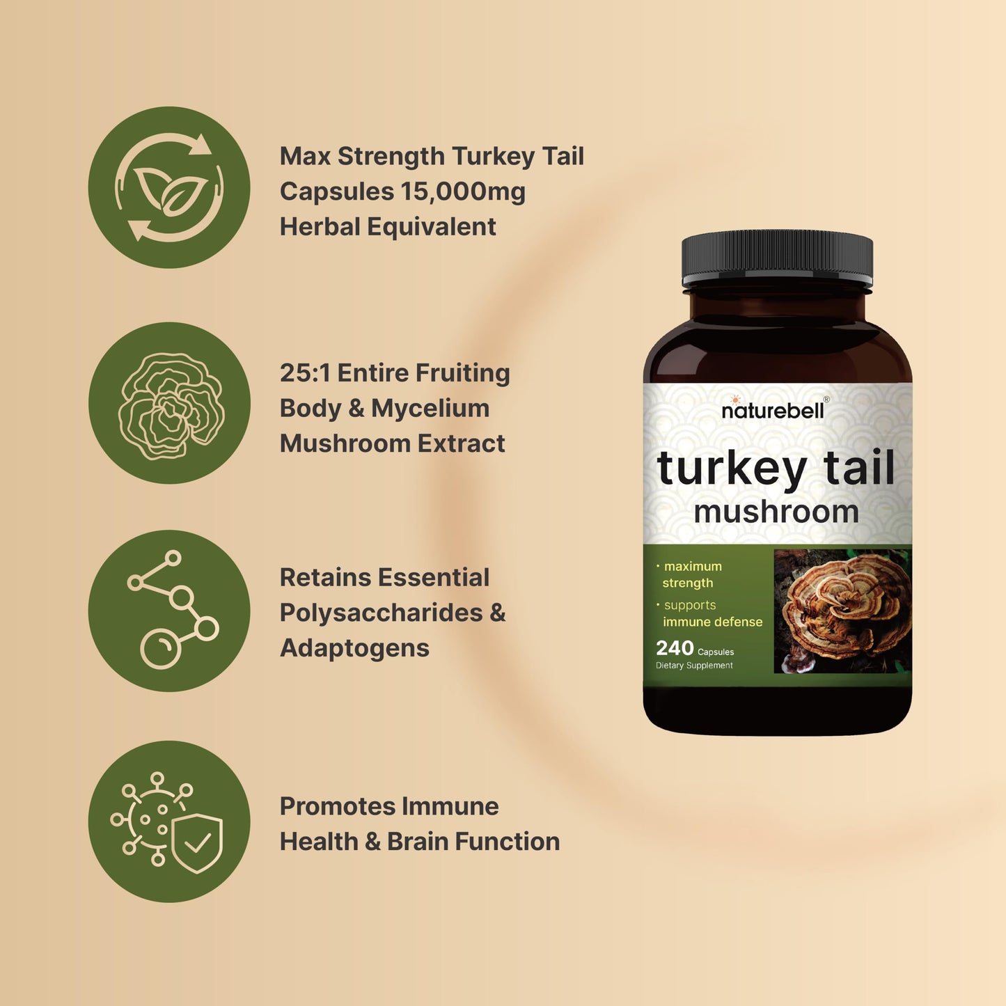 NatureBell Turkey Tail Mushroom Capsules – 15,000mg per Serving | 240 Count | 25:1 Extract for Immune & Brain Health