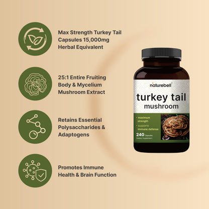 NatureBell Turkey Tail Mushroom Capsules – 15,000mg per Serving | 240 Count | 25:1 Extract for Immune & Brain Health