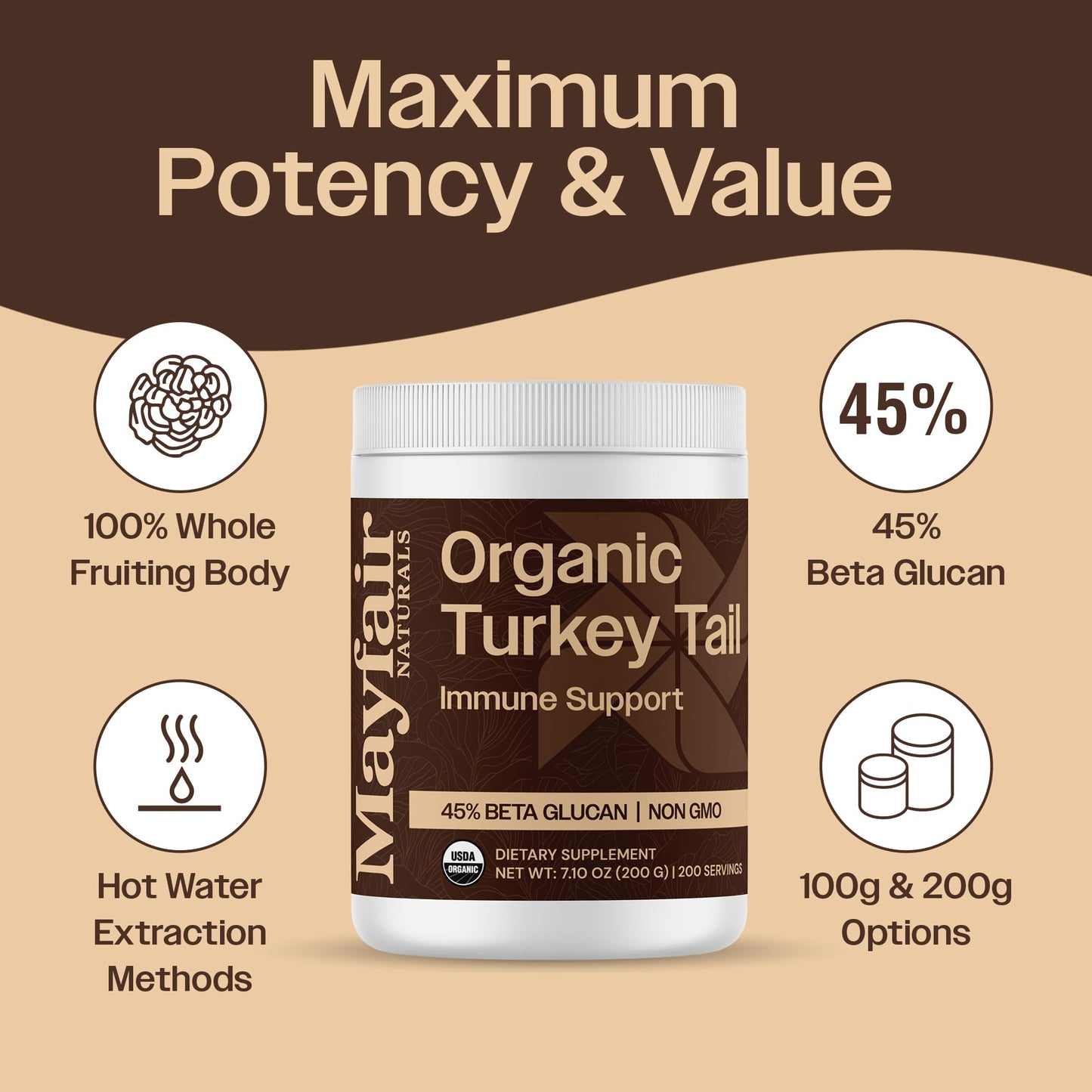 Turkey Tail Mushroom Powder Organic – Immune & Digestive Support (7.10 oz, 200 Servings)