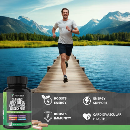 Sea Moss Black Seed Oil Ashwagandha Turmeric Burdock Root | All-in-One Sea Moss Capsules - 60 Count