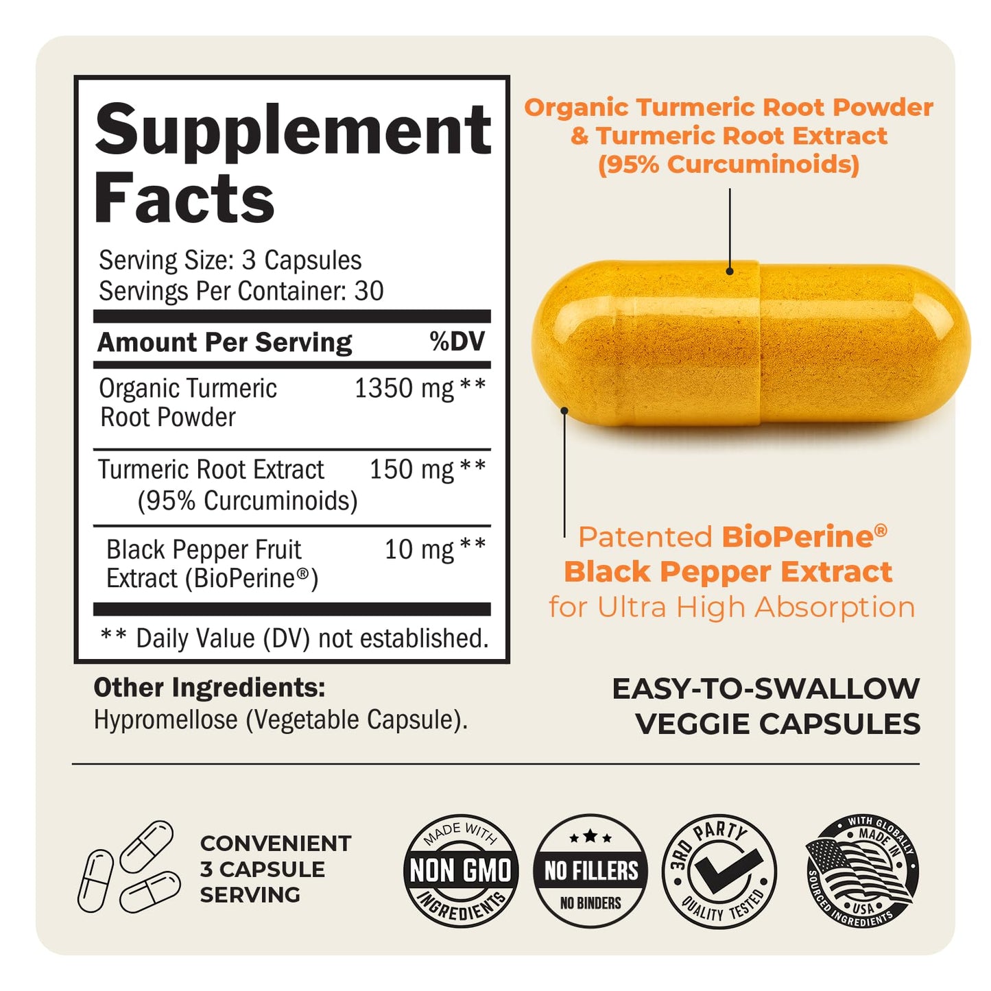 Turmeric Curcumin 1500mg with BioPerine – 90 Vegan Capsules (95% Curcuminoids)