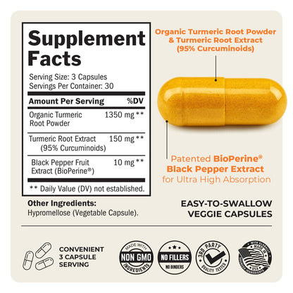 Turmeric Curcumin 1500mg with BioPerine – 90 Vegan Capsules (95% Curcuminoids)