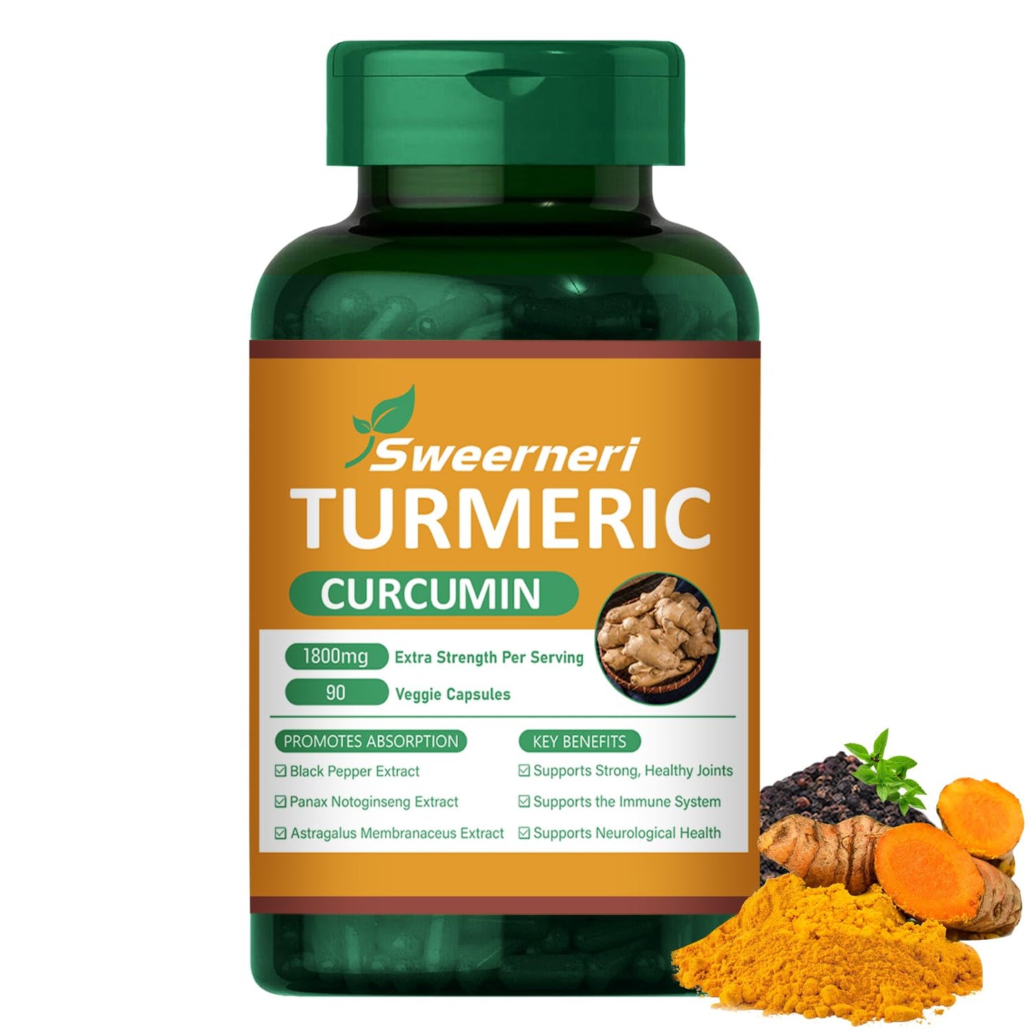 Turmeric Curcumin 1800mg with 95% Curcuminoids & Black Pepper – High Absorption, Extra Strength, 90 Capsules