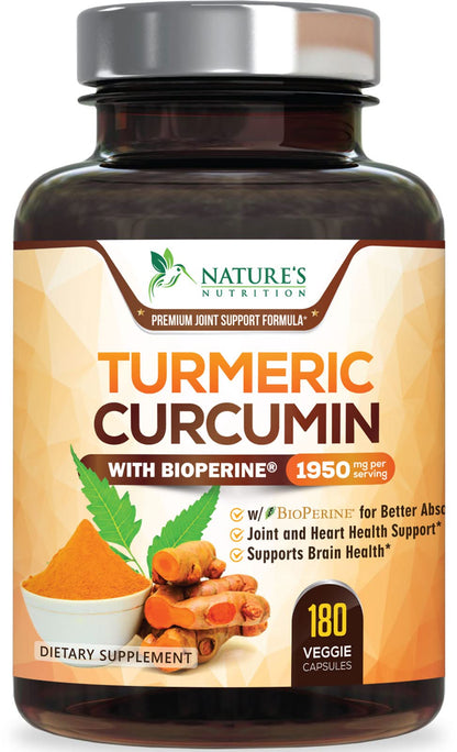 Turmeric Curcumin Supplement 1950mg - 95% Curcuminoids with Organic Turmeric & BioPerine Black Pepper Extract for Best Absorption, Natural Vegan Joint Support, Non-GMO, Bottled in USA - 180 Capsules