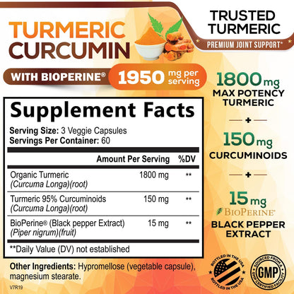 Turmeric Curcumin Supplement 1950mg - 95% Curcuminoids with Organic Turmeric & BioPerine Black Pepper Extract for Best Absorption, Natural Vegan Joint Support, Non-GMO, Bottled in USA - 180 Capsules