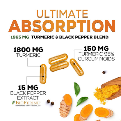 Turmeric Curcumin Supplement 1950mg - 95% Curcuminoids with Organic Turmeric & BioPerine Black Pepper Extract for Best Absorption, Natural Vegan Joint Support, Non-GMO, Bottled in USA - 180 Capsules