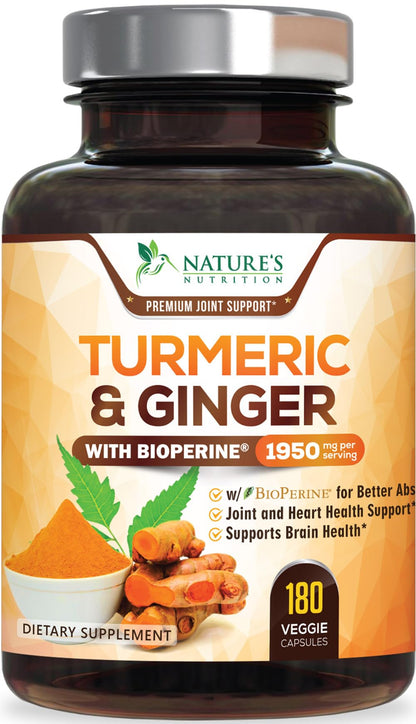 Turmeric Curcumin 1950mg with BioPerine – 95% Curcuminoids, Organic Turmeric & Ginger, 180 Capsules