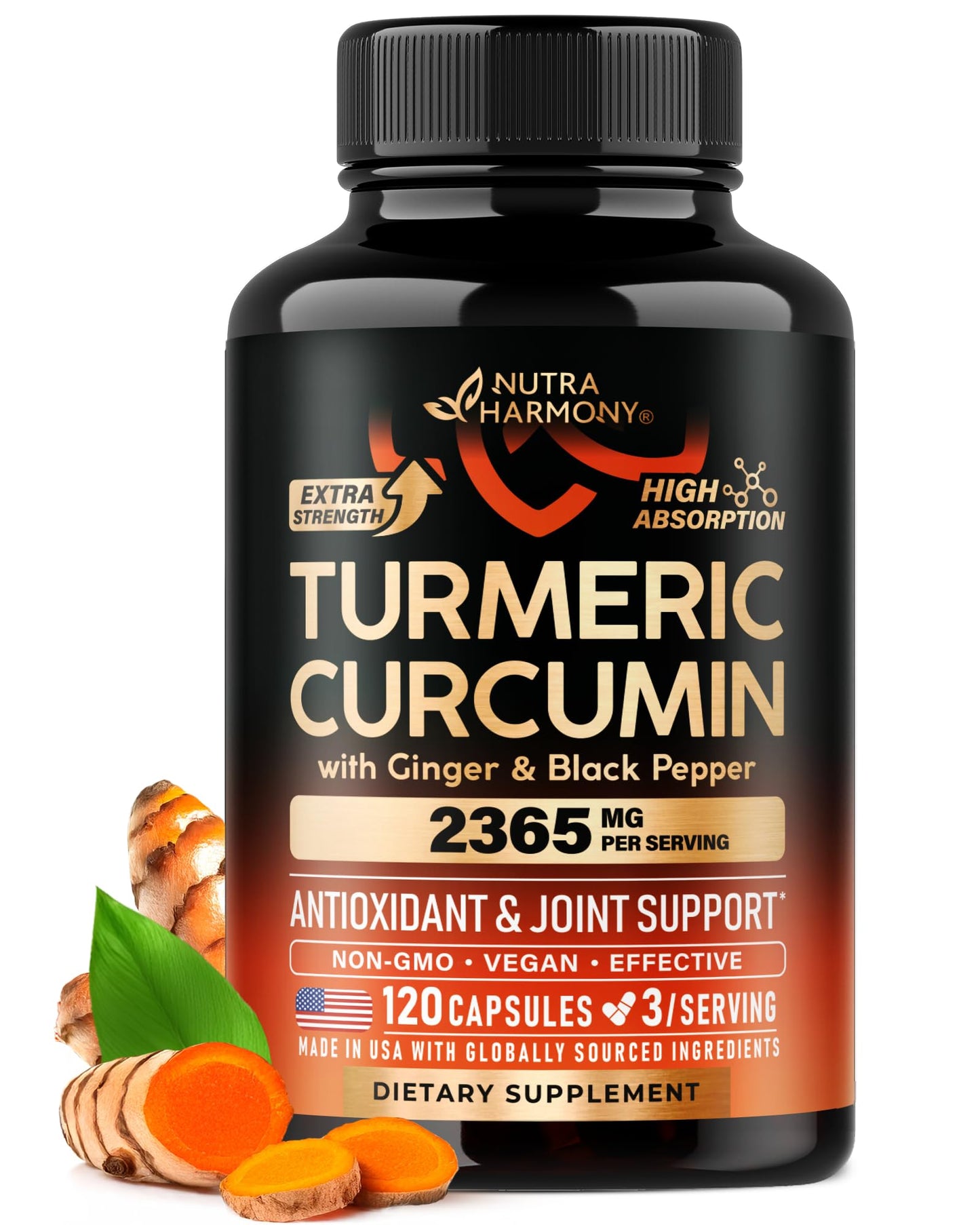 Turmeric Curcumin 2365mg with Ginger & Black Pepper – 120 Capsules – Made in USA