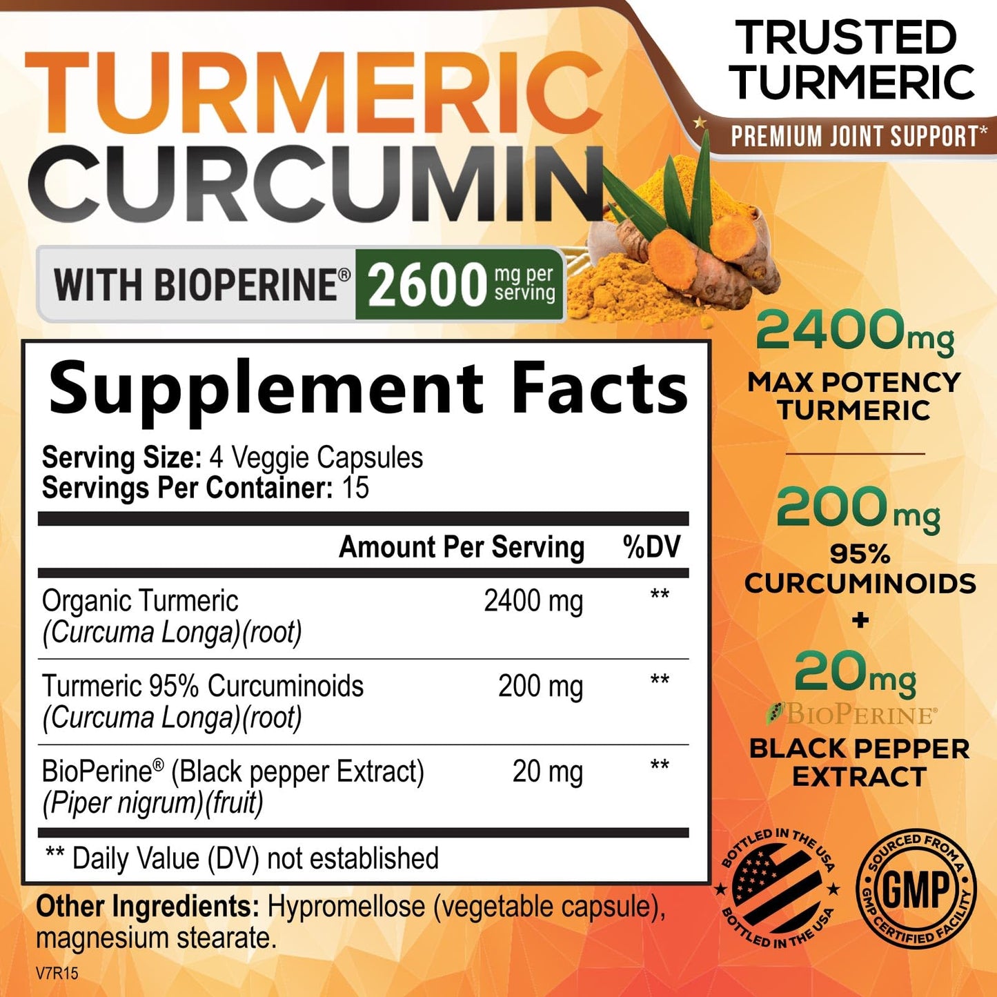 Turmeric Curcumin 2600mg with BioPerine – 95% Curcuminoids | Organic Turmeric, Vegan, Non-GMO | 60 Capsules | Made in USA