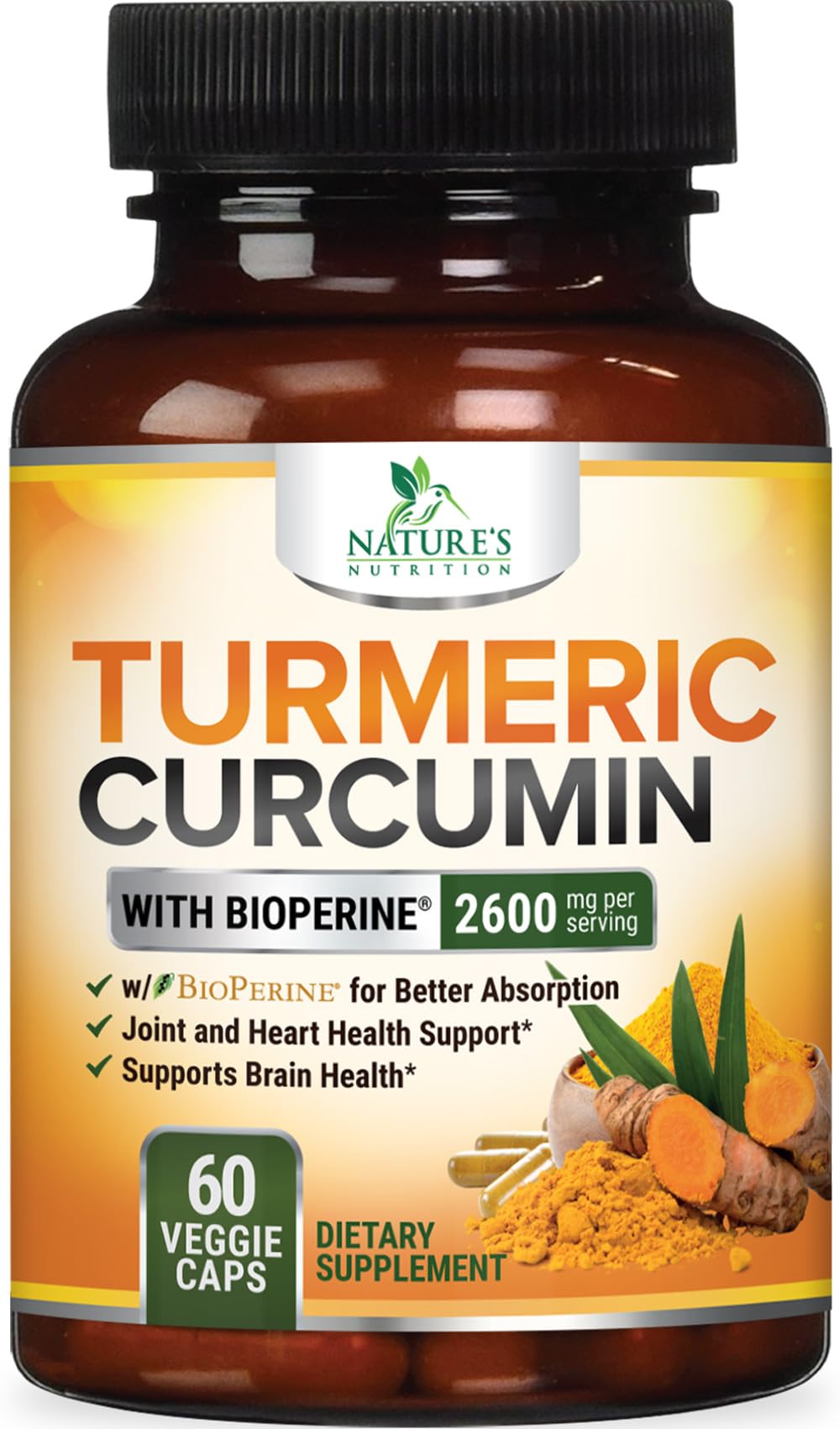 Turmeric Curcumin 2600mg with BioPerine – 95% Curcuminoids | Organic Turmeric, Vegan, Non-GMO | 60 Capsules | Made in USA