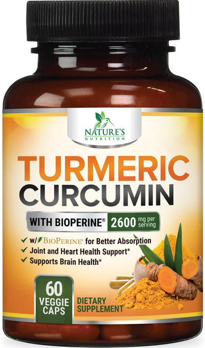 Turmeric Curcumin 2600mg with BioPerine – 95% Curcuminoids | Organic Turmeric, Vegan, Non-GMO | 60 Capsules | Made in USA