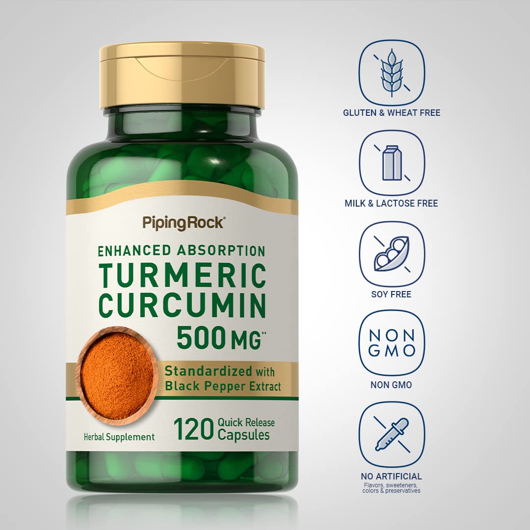 Piping Rock Turmeric Curcumin with Black Pepper 500mg | 120 Capsules | Non-GMO, Gluten Free