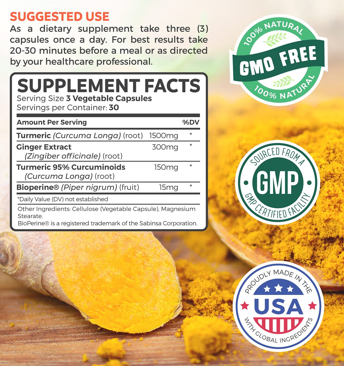 Turmeric and Ginger Supplement (Non-GMO) 1980mg Serving – Curcumin 95% with Black Pepper Bioperine, Ginger Extract, 90 Capsules