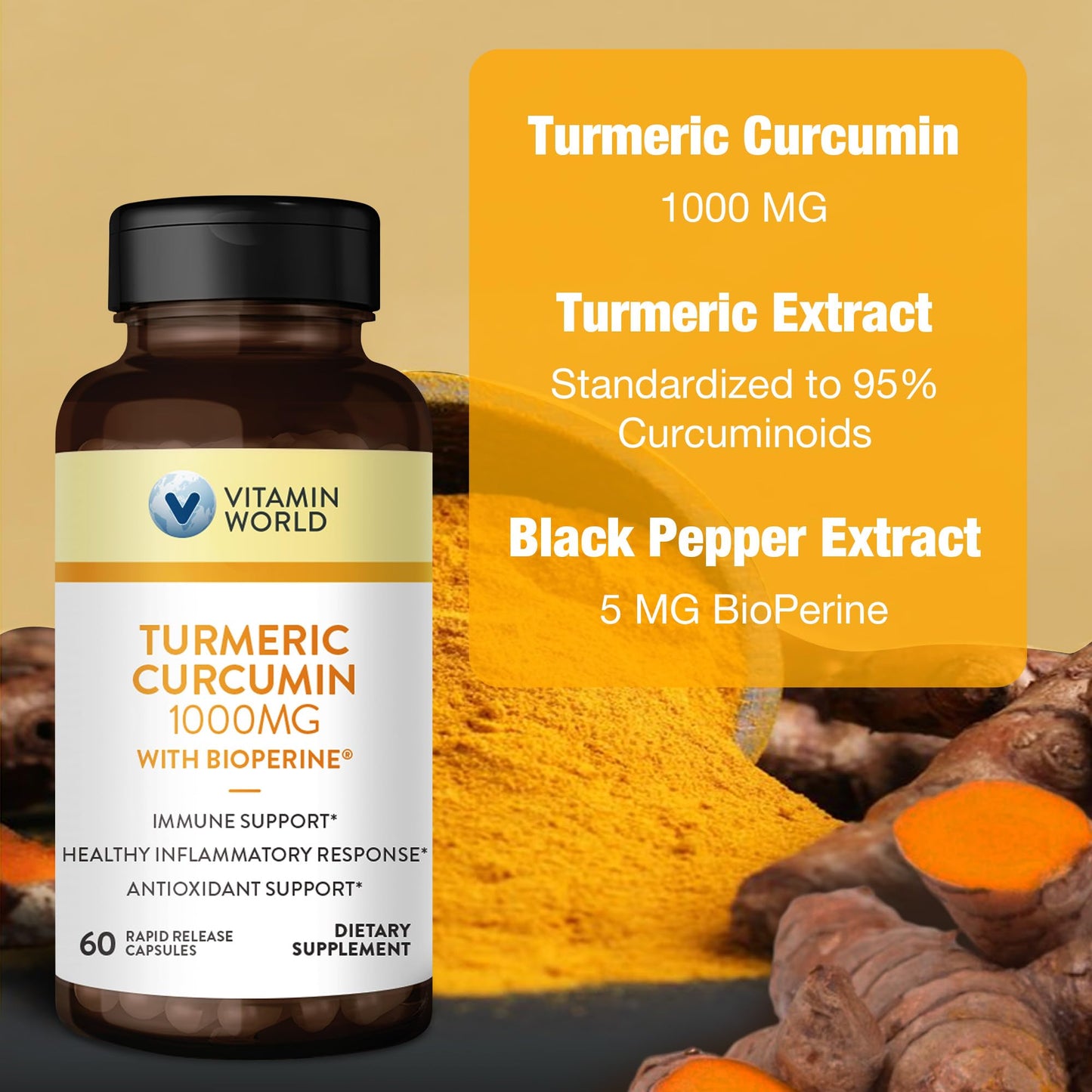 Vitamin World Turmeric Curcumin 1000mg with BioPerine - 60 Caps