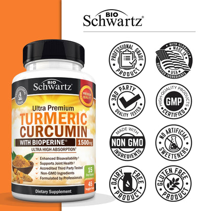 Turmeric Curcumin 1500mg with BioPerine – 45 Vegan Capsules, 95% Curcuminoids