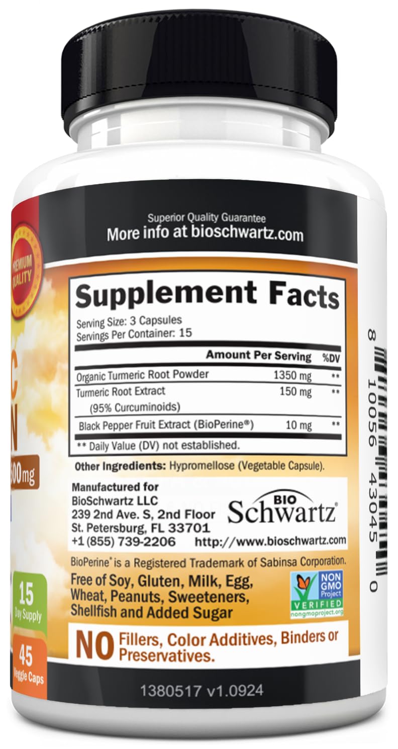 Turmeric Curcumin 1500mg with BioPerine – 45 Vegan Capsules, 95% Curcuminoids