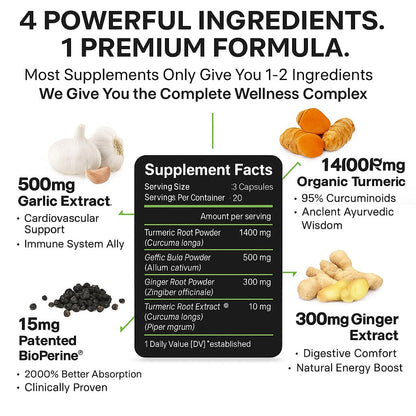 Turmeric Curcumin Supplement with BioPerine & Garlic - 2360mg | 60 Veggie Caps