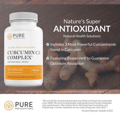 Pure Prescriptions Turmeric Curcumin C3 Complex with Bioperine - 1500mg per Serving | 90 Veg Capsules | Made in USA