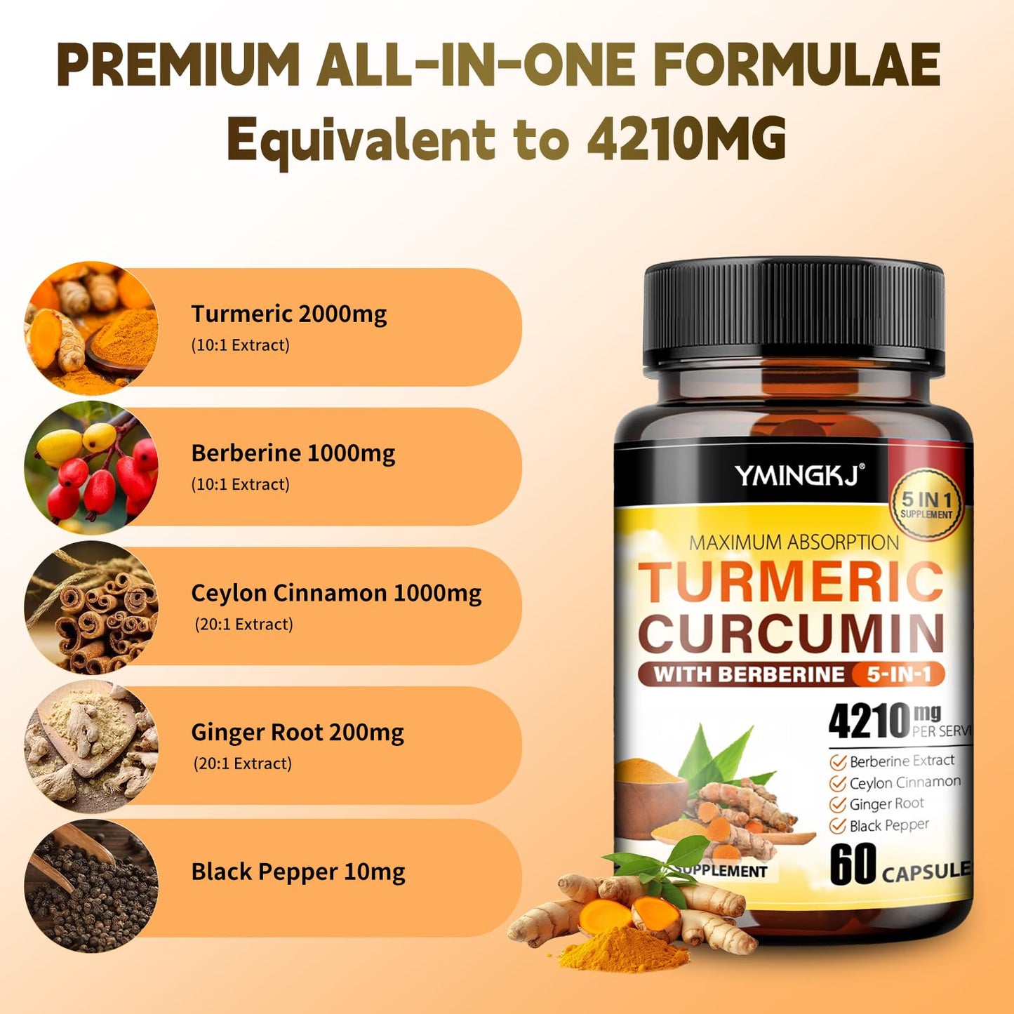 Turmeric Curcumin with Black Pepper & Ginger – Berberine & Ceylon Cinnamon | 60 Capsules
