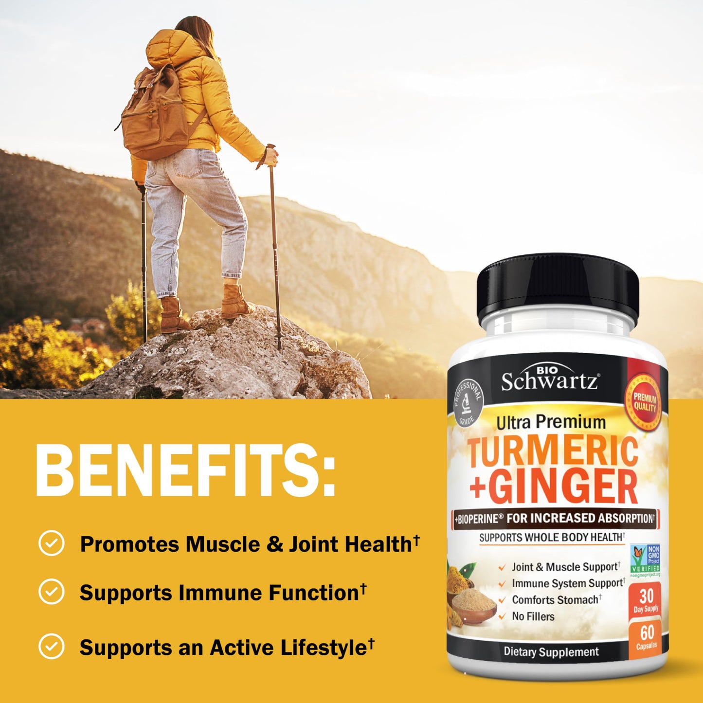 Turmeric Curcumin & Ginger Supplement with BioPerine – 95% Curcuminoids, Gluten-Free, 60 Capsules