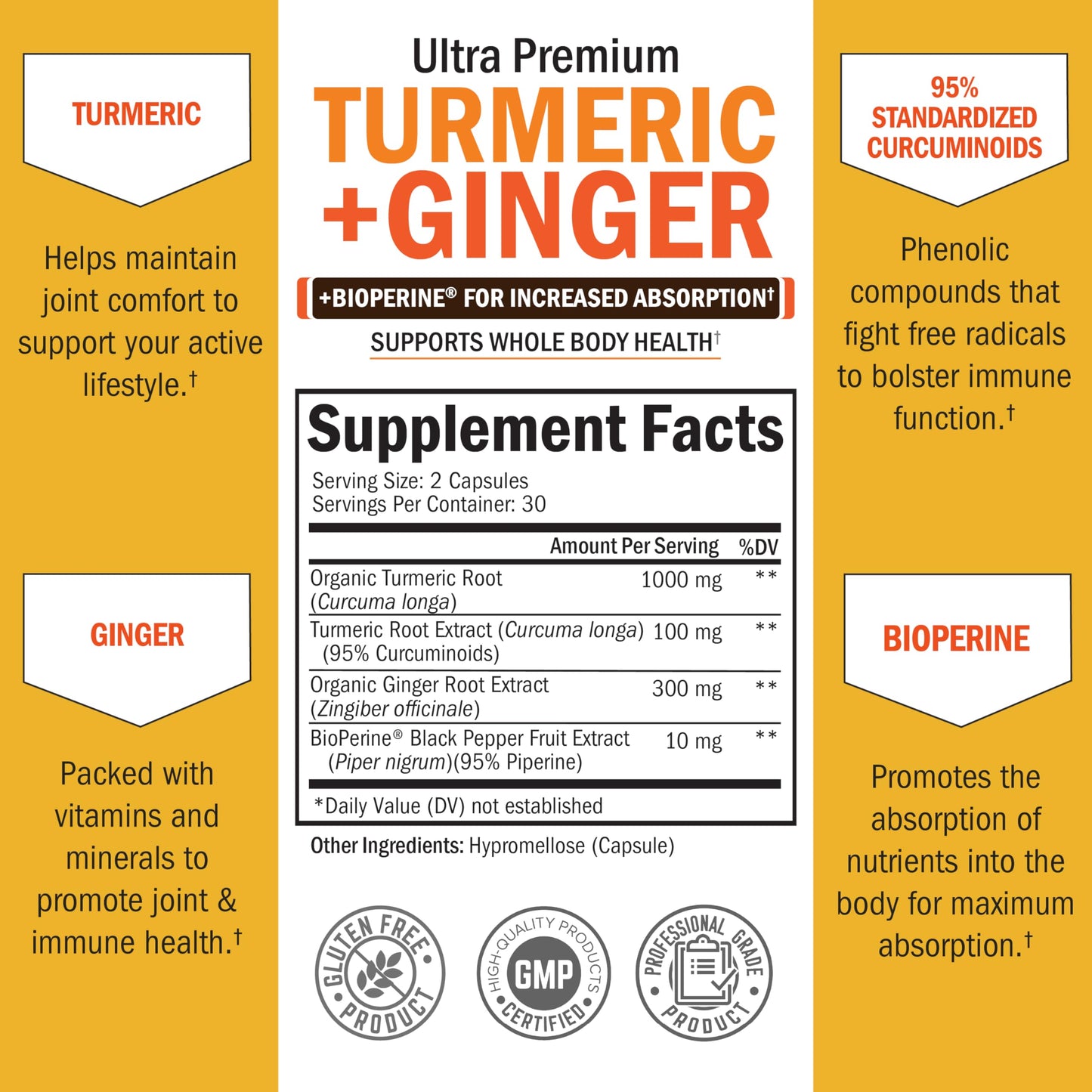 Turmeric Curcumin & Ginger Supplement with BioPerine – 95% Curcuminoids, Gluten-Free, 60 Capsules