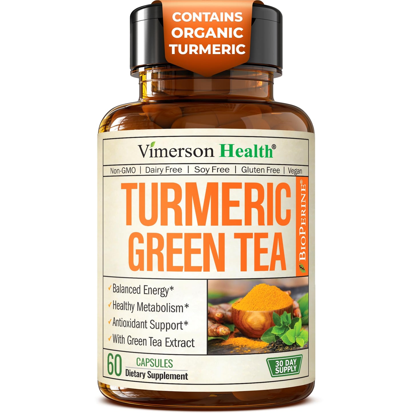 Turmeric Curcumin with Green Tea & Vitamin C – Joint Health, Energy | 60 Capsules | Gluten-Free & Non-GMO