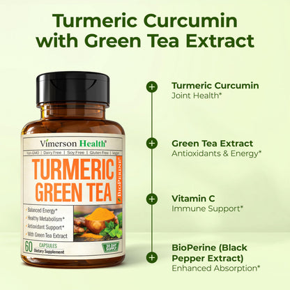 Turmeric Curcumin with Green Tea & Vitamin C – Joint Health, Energy | 60 Capsules | Gluten-Free & Non-GMO