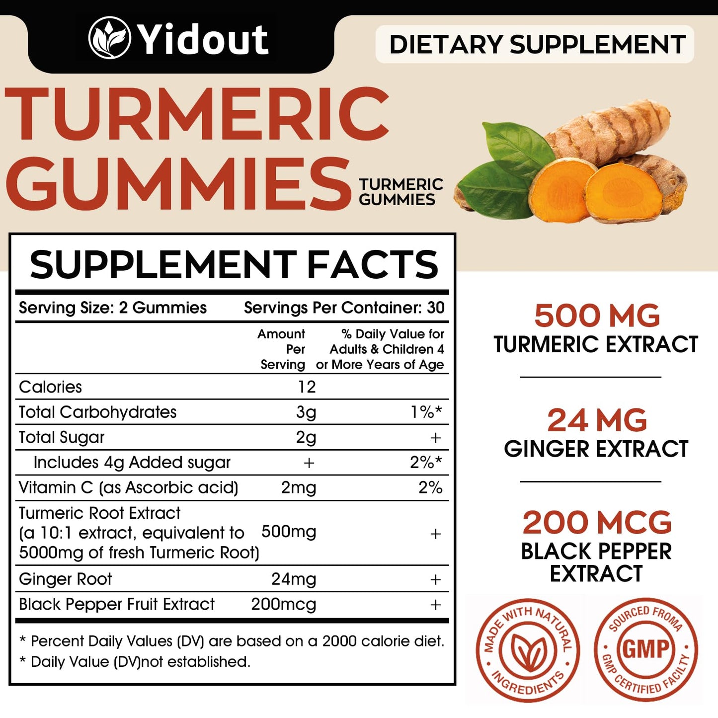 Turmeric Curcumin Gummies 500mg with Ginger & Black Pepper – Mango Flavor, 60 Count