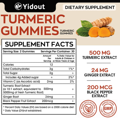 Turmeric Curcumin Gummies 500mg with Ginger & Black Pepper – Mango Flavor, 60 Count
