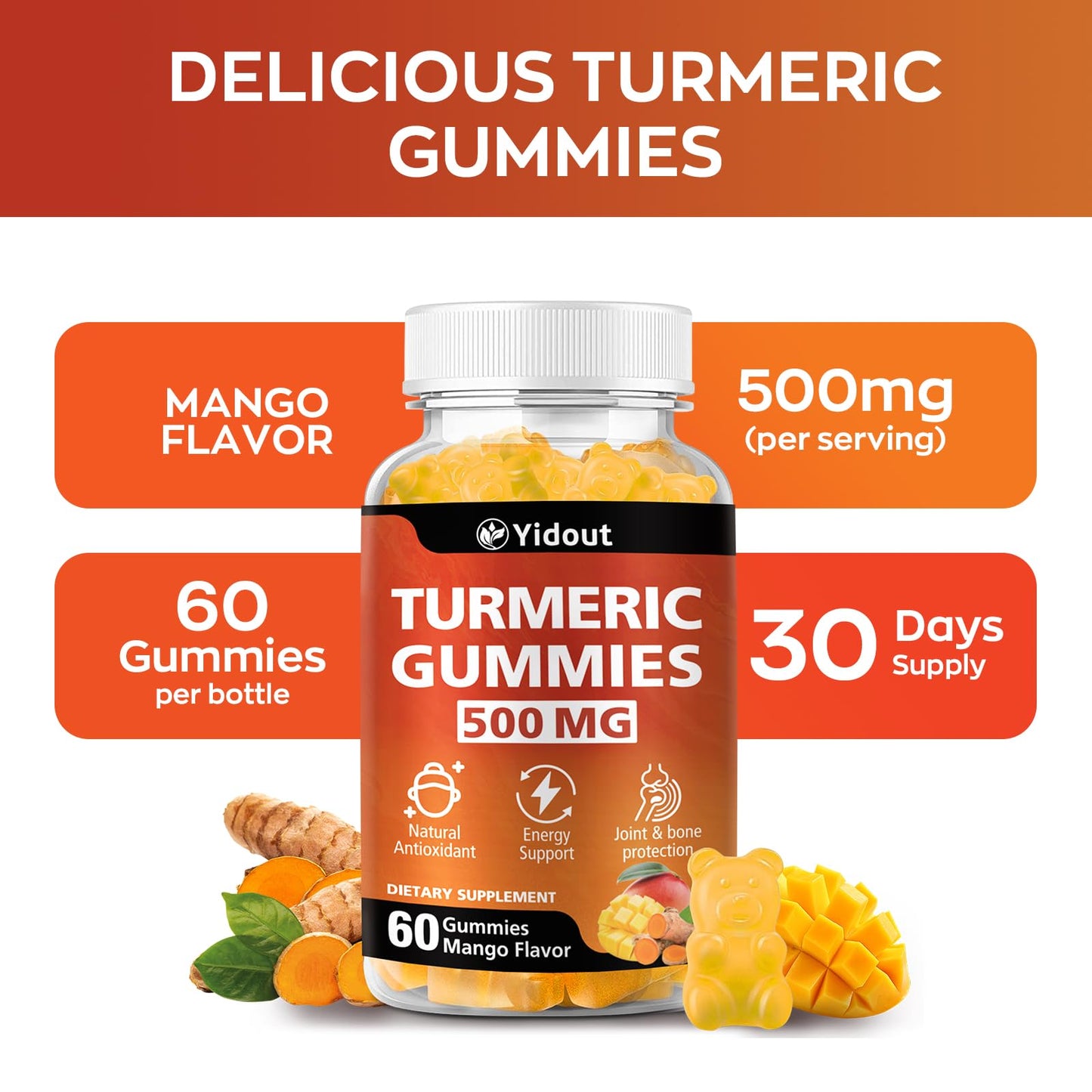 Turmeric Curcumin Gummies 500mg with Ginger & Black Pepper – Mango Flavor, 60 Count