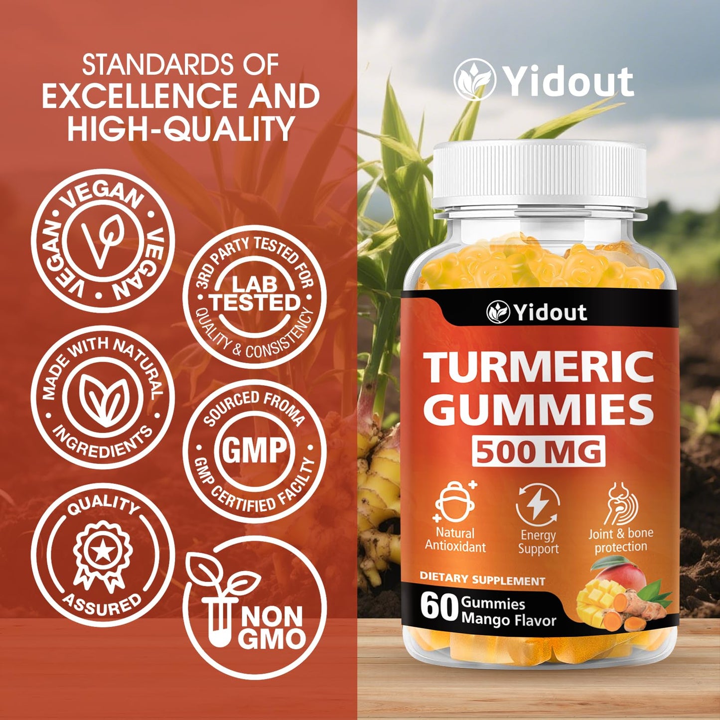 Turmeric Curcumin Gummies 500mg with Ginger & Black Pepper – Mango Flavor, 60 Count