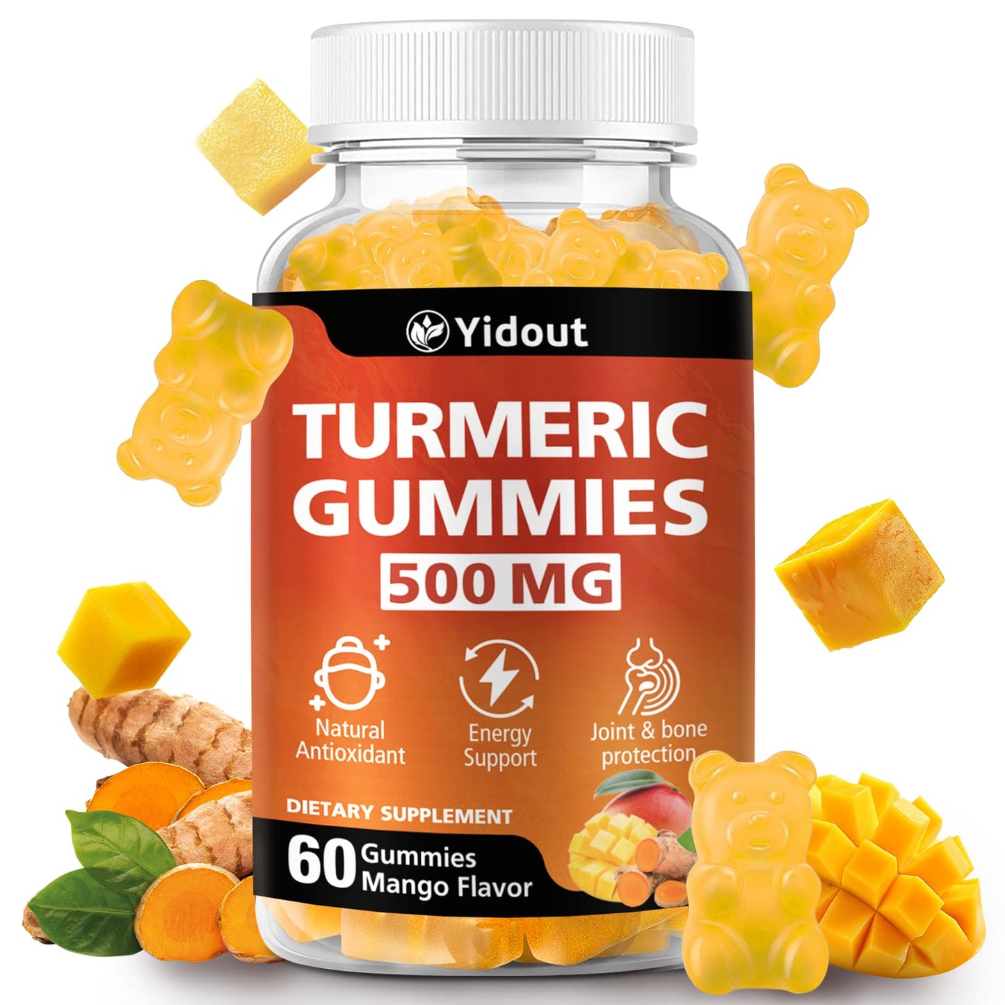 Turmeric Curcumin Gummies 500mg with Ginger & Black Pepper – Mango Flavor, 60 Count