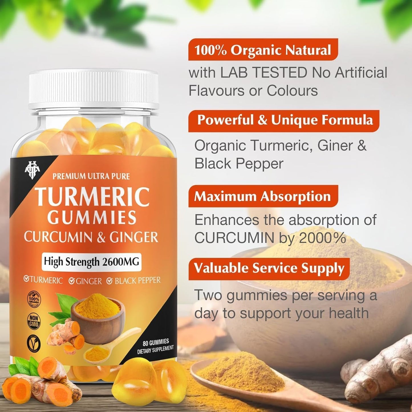 Turmeric Curcumin Gummies (2 Pack) – Ginger & Black Pepper | Immune & Muscle Support | Vegan, Gluten Free
