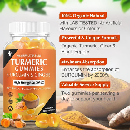 Turmeric Curcumin Gummies (2 Pack) – Ginger & Black Pepper | Immune & Muscle Support | Vegan, Gluten Free