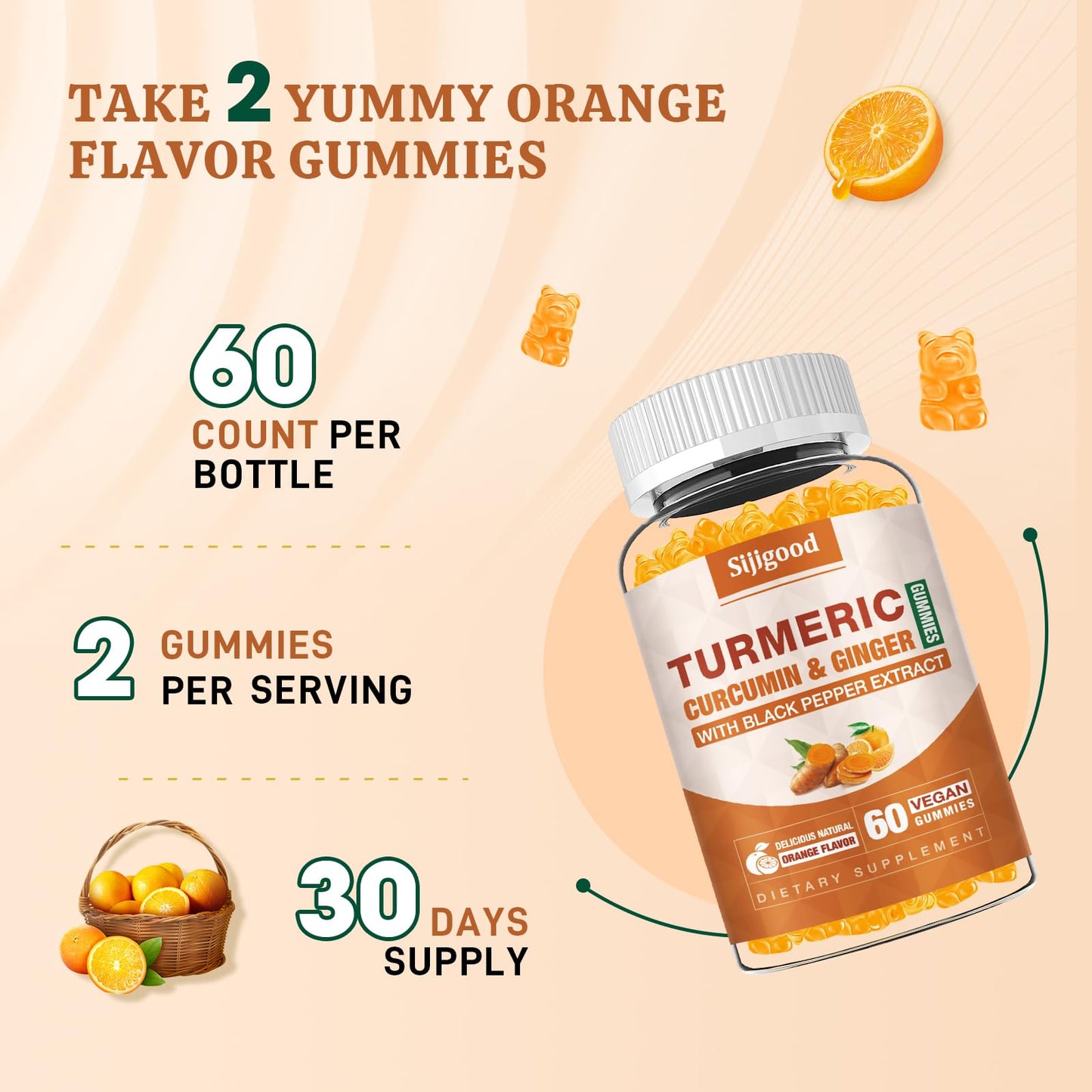 Turmeric Curcumin Gummies with Ginger & Black Pepper – Immune & Joint Support | 60 Orange Gummies