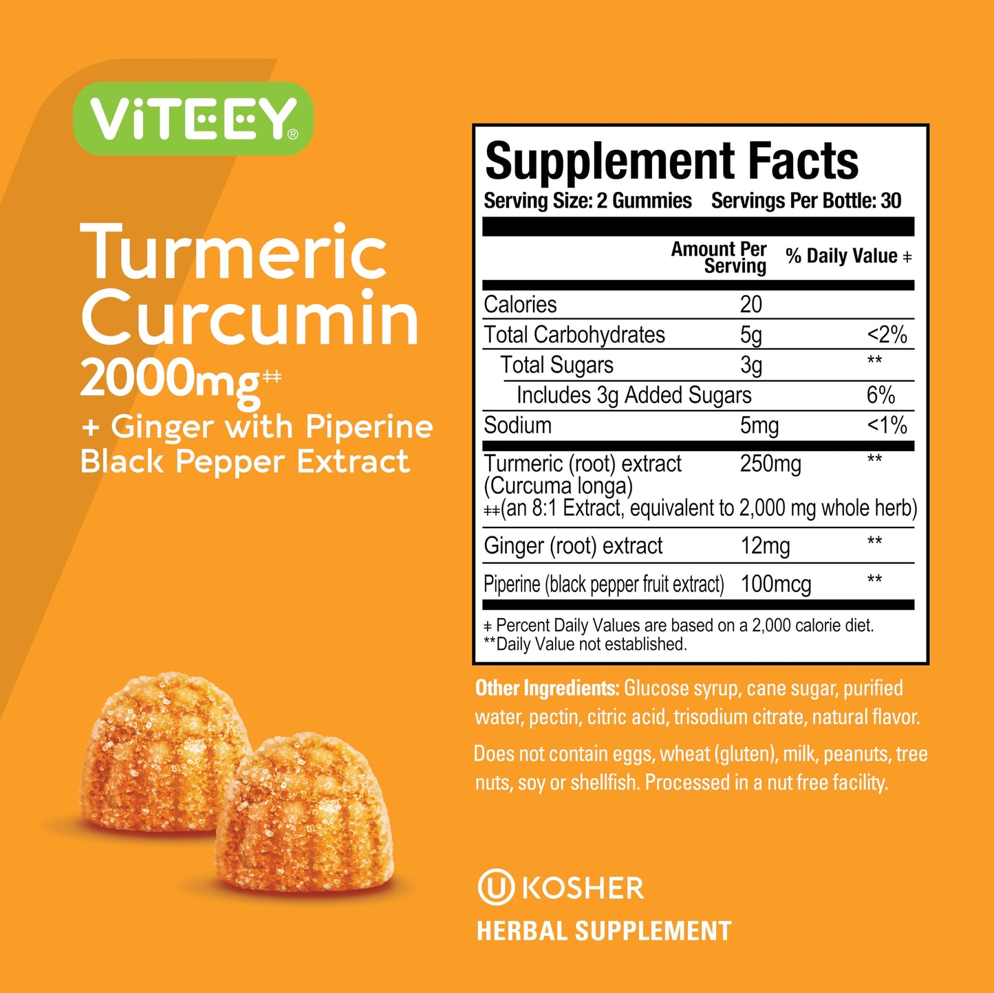 Turmeric Curcumin Gummies 2000mg with Ginger & Black Pepper – Immune & Joint Support (Vegan, Peach) – 2 Pack