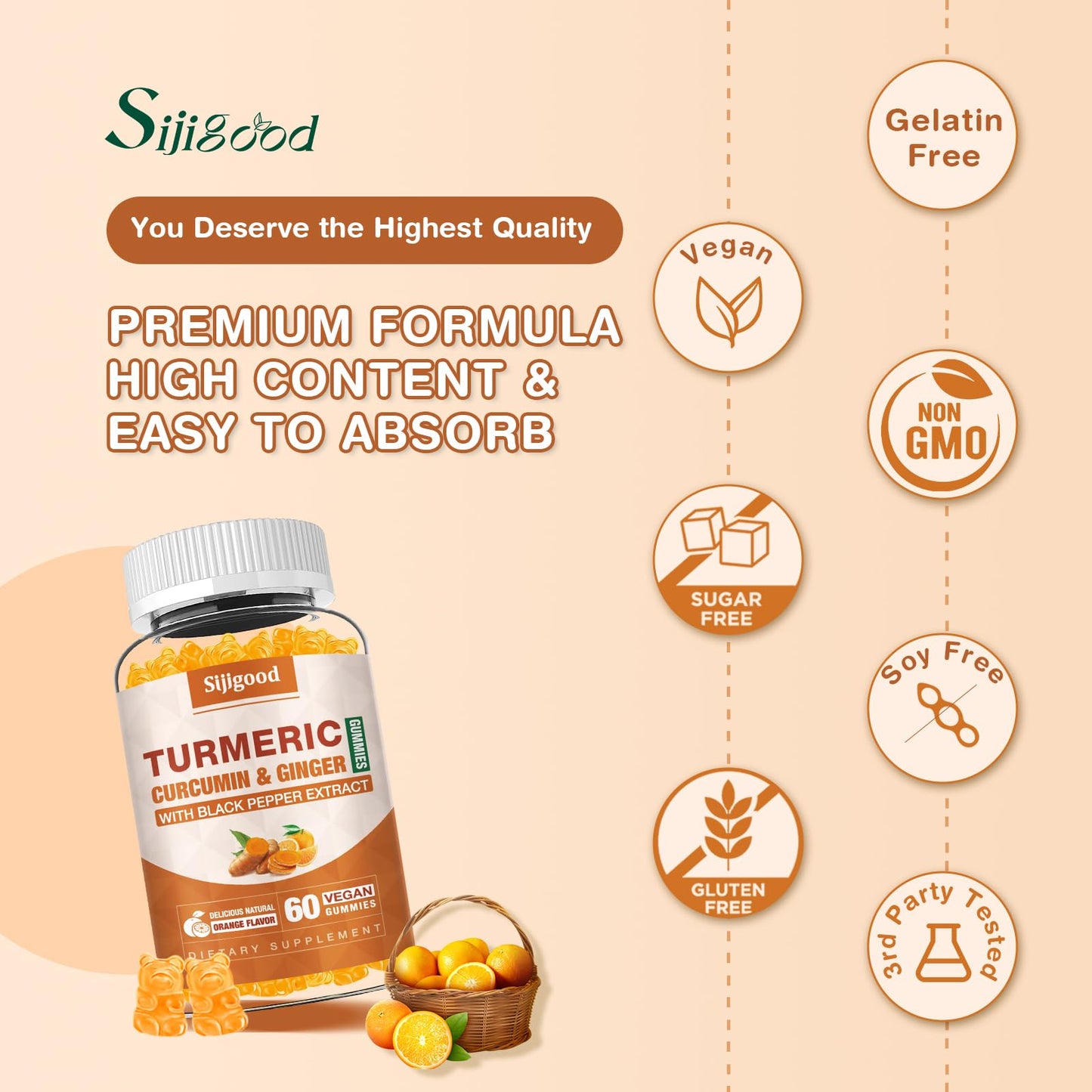 Turmeric Curcumin Gummies with Ginger & Black Pepper – Immune & Joint Support | 60 Orange Gummies