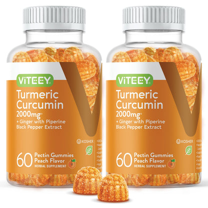 Turmeric Curcumin Gummies 2000mg with Ginger & Black Pepper – Immune & Joint Support (Vegan, Peach) – 2 Pack